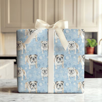 Watercolor Winter Dog Gift Wrap, English Bulldog Wrapping Paper, Adorable Bulldog Holiday Wrapping Paper, Blue Snowflake Christmas Gift Wrap