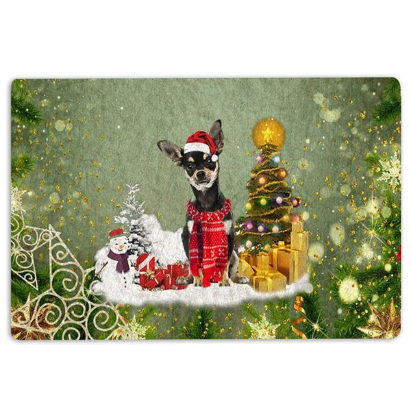 Merry Christmas Snow Tree Welcome Mat, Chihuahua Christmas Doormat, Holiday Dog Door Mat, Winter Entryway Decor, Xmas Pet Lov