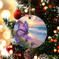 Sunset Beach Floral Tree Ornament, Purple Butterfly Ceramic Ornament, Nature Lover Christmas Ornament, Scenic Art Keepsake Decor Present