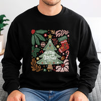 Retro Botanical Floral Tree Crewneck, Merry Christmas Floral Sweatshirt, Vintage Floral Holiday Pullover, Festive Winter Graphic Sweater