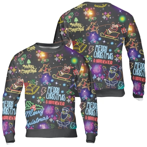 Neon Santa Holiday Sweater, Neon Santa Reindeer Ugly Christmas Sweatshirt, Neon Reindeer Christmas Crewneck, Colorful Holiday
