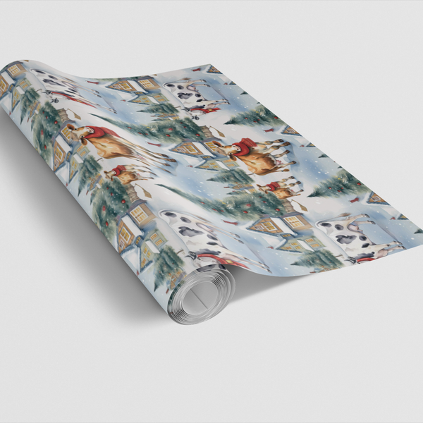 Winter Cityscape Holiday Gift Wrap, Christmas Cow Wrapping Paper, Adorable Farm Animal Present Paper, Festive Christmas Seaso