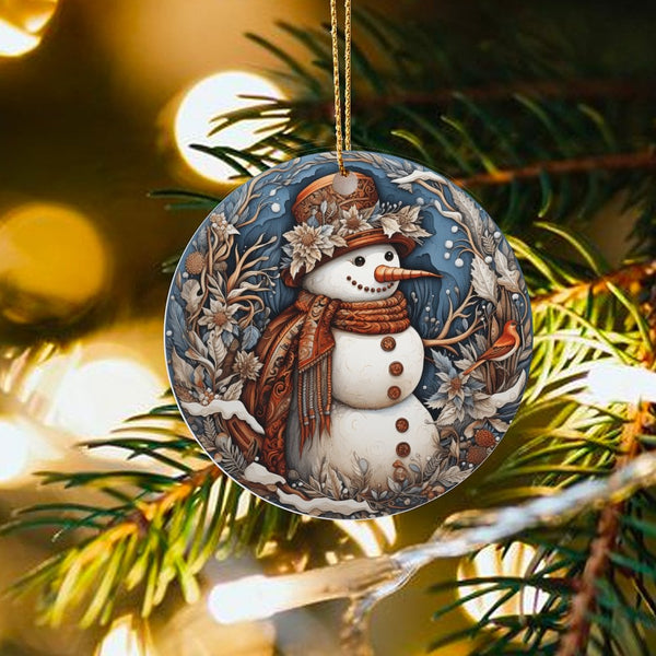 Winter Floral Bird Snowman Ornament, Folk Art Snowman Christmas Ornament, Comfy Ceramic Tree Ornament, Holiday Keepsake Prese