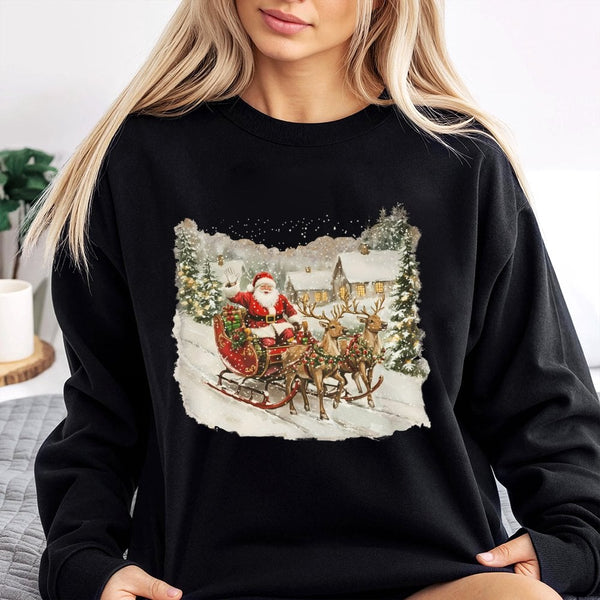 Santa Claus Reindeer Sleigh Crewneck, Vintage Christmas Village Sweatshirt, Retro Winter Holiday Scene Pullover, Comfy Xmas T