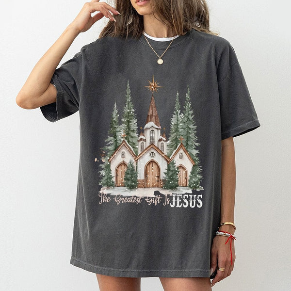 Watercolor Snowy Church T-Shirt, The Greatest Present Is Jesus T-Shirt, Religious Christian Shirt, Faith Christmas T-Shirt, W