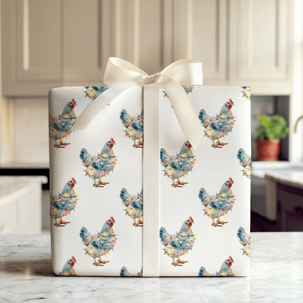 Farm Animal Holiday Gift Wrap, Christmas Lights Chicken Wrapping Paper, Humorous Rooster Xmas Wrapping Paper, Farmhouse Gift 