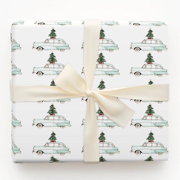 Retro Blue Car Holiday Wrapping Paper, Vintage Station Wagon Christmas Wrapping Paper, Tree on Car Gift Wrap, Nostalgic Xmas 