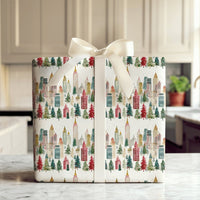 Watercolor Urban Holiday Gift Wrap, Christmas City Skyline Wrapping Paper, Cityscape Tree Gift Wrapping Paper, Festive Roll Wrapping Paper