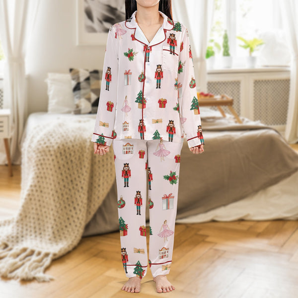 Festive Ballet Holiday Pajamas, Nutcracker Christmas Pajama Set, Long Sleeve Satin Pajamas, Comfy Winter Loungewear Set, Holi