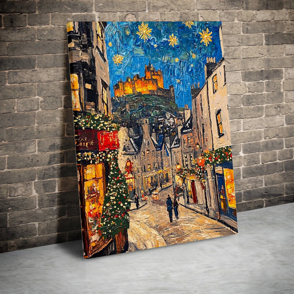 Starry Night Cityscape Canvas Art, Edinburgh Castle Canvas Print, Scotland Travel Wall Canvas, Christmas Wall Art, City Souve