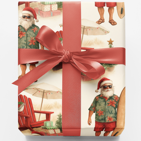 Surfer Santa Hawaiian Gift Wrap, Tropical Beach Christmas Wrapping Paper, Coastal Coastal Vacation Present Paper, Summer Xmas