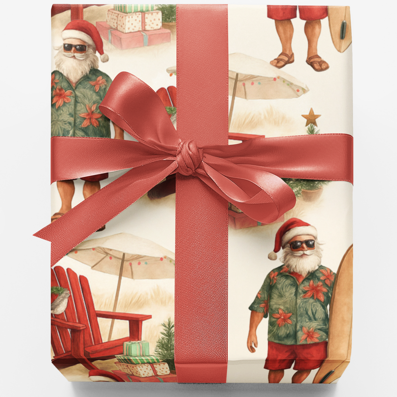 Surfer Santa Hawaiian Gift Wrap, Tropical Beach Christmas Wrapping Paper, Coastal Coastal Vacation Present Paper, Summer Xmas Paper