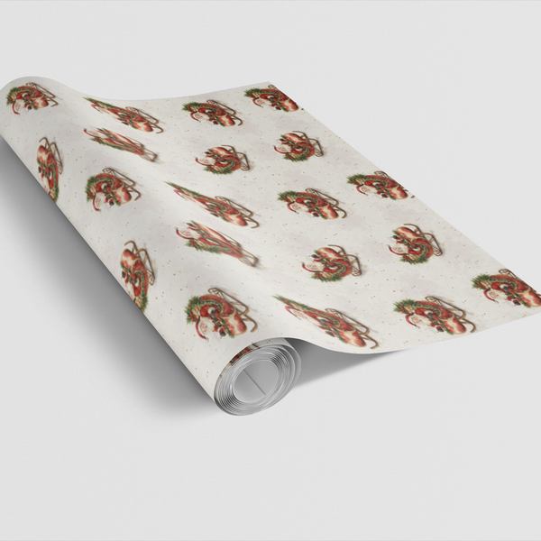 Christmas Sleigh Gift Wrap, Vintage Santa Wrapping Paper, Retro Holiday Present Paper, Traditional Xmas Gift Wrap Roll