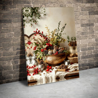 Pine Cones Berries Holiday Wall Art, Christmas Still Life Canvas Print, Winter Botanical Canvas, Christmas Wall Art, Seasonal Home Decor