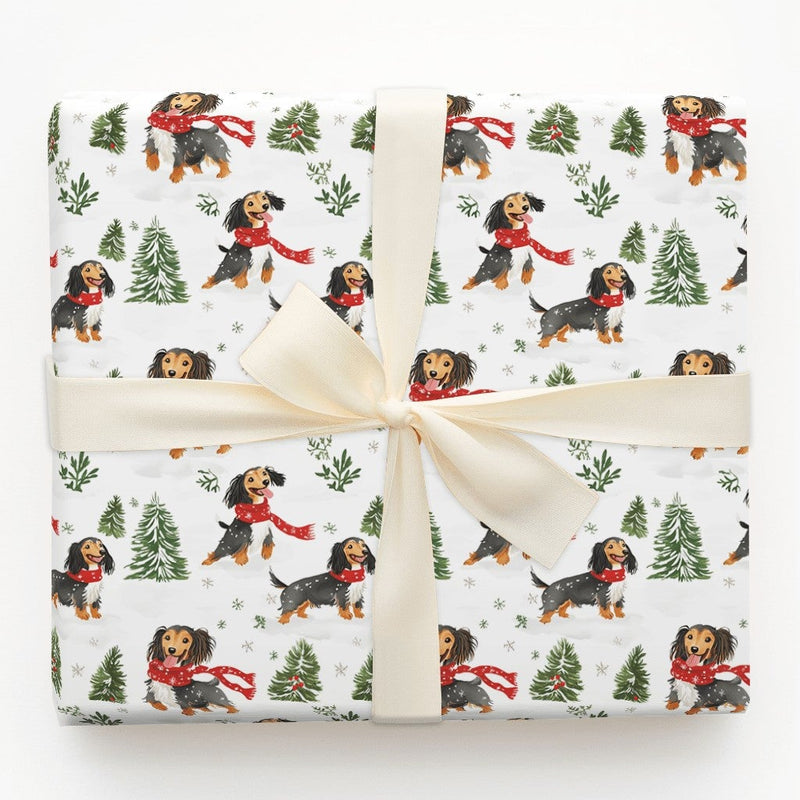 Winter Wiener Dog Wrapping Paper, Long Haired Dachshund Christmas Wrapping Paper, Holiday Puppy Wrapping Paper, Festive Gift Wrap Roll