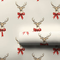 Red Bow Reindeer Gift Wrap, Watercolor Reindeer Wrapping Paper, Rustic Holiday Reindeer Paper Roll, Cream Christmas Gift Wrapping Paper