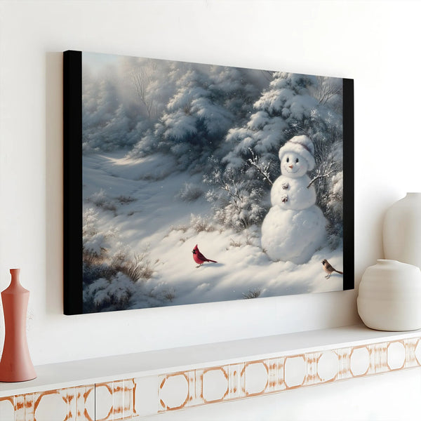 Winter Forest Canvas Print, Snowman with Cardinal Canvas Wall Art, Snowy Holiday Wall Canvas, Christmas Seasonal Decor, Winte