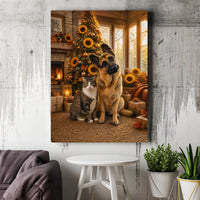 Sunflower Christmas Tree Wall Art, German Shepherd and Tabby Cat Canvas, Comfy Holiday Pet Portrait Canvas, Pet Lover Winter Decor Print