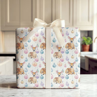 Baby Deer Christmas Gift Wrap, Watercolor Fawn Wrapping Paper, Pastel Baubles Holiday Present Paper, Whimsical Winter Wrap Roll