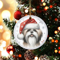 Santa Hat Dog Ornament, Shih Tzu Christmas Ornament, Festive Puppy Ceramic Ornament, Xmas Tree Hanging Decor, Holiday Present for Dog Lovers
