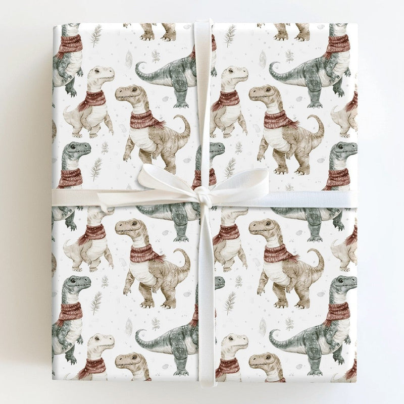 Watercolor T-Rex Gift Wrap, Dinosaur Christmas Wrapping Paper, Holiday Dino Wrapping Paper, Winter Dino Gift Wrap, Kids Christmas Paper