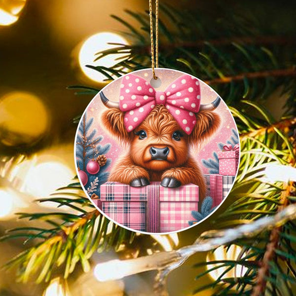 Adorable Baby Cow Pink Bow Ceramic Ornament, Highland Cow Christmas Ornament, Farmhouse Holiday Tree Decor, Rustic Xmas Keeps