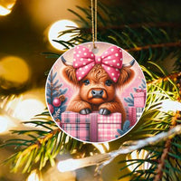 Adorable Baby Cow Pink Bow Ceramic Ornament, Highland Cow Christmas Ornament, Farmhouse Holiday Tree Decor, Rustic Xmas Keepsake Ornament