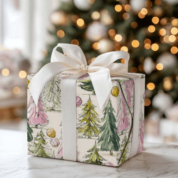 Watercolor Tree Gift Wrap, Pink and Green Christmas Trees Wrapping Paper, Whimsical Holiday Wrapping Paper, Pastel Christmas 