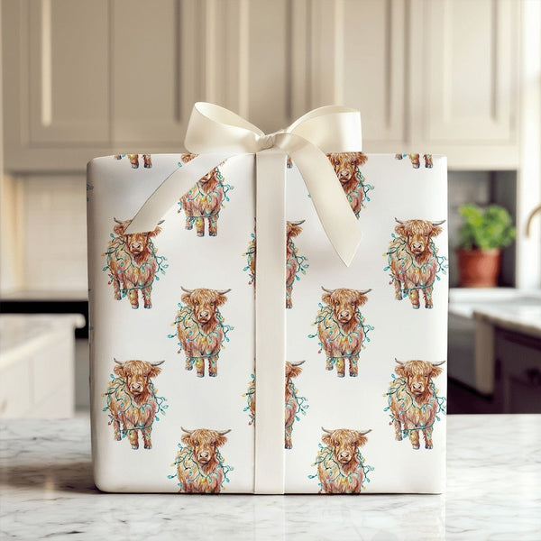 Christmas Lights Gift Wrap, Highland Cow Wrapping Paper, Rustic Cow Holiday Wrapping Paper, Festive Farm Animal Wrapping Pape