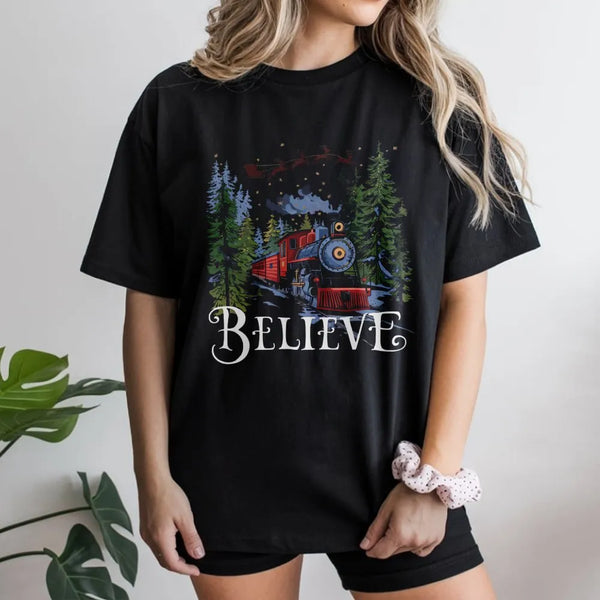 Retro Winter Holiday T-Shirt, Believe Christmas Train Shirt, Vintage Magic Forest Graphic Tee, Festive Xmas Express Train Lov