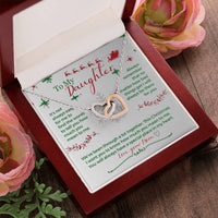 Interlocking Hearts Pendant, Christmas Daughter Necklace, Rose Gold Message Card Jewelry, Sentimental Xmas Holiday Present for Daughter