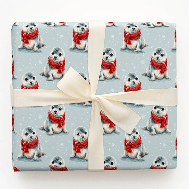 Adorable Winter Seal Gift Wrap, Baby Seal Christmas Wrapping Paper, Watercolor Animal Wrapping Paper, Holiday Gift Wrap, Winter Present Roll
