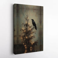 Dark Academia Holiday Canvas Decor, Gothic Raven Christmas Tree Canvas Art, Moody Winter Raven Canvas Print, Spooky Xmas Goth Lover Present