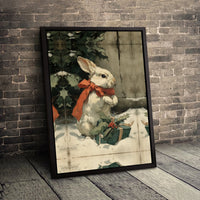 Festive Bunny Canvas Print, Vintage Christmas Rabbit Canvas, Winter Holly Rabbit Wall Art, Holiday Bunny Canvas, Christmas Home Decor Present