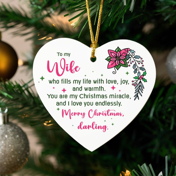 Poinsettia Floral Holiday Tree Ornament, To My Wife Heart Ceramic Ornament, Romantic Keepsake Christmas Ornament, Love Presen