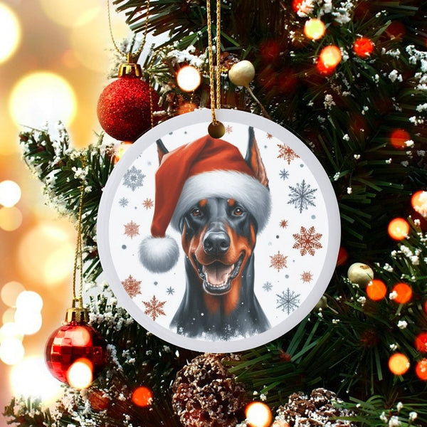 Doberman Christmas Tree Ornament, Doberman Pinscher Santa Hat Ornament, Adorable Dog Breed Ceramic Ornament, Pet Lover Xmas D
