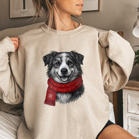Adorable Dog in Red Scarf Sweatshirt, Border Collie Christmas Sweatshirt, Retro Collie Holiday Crewneck Sweatshirt, Pet Lover Xmas Sweater Present