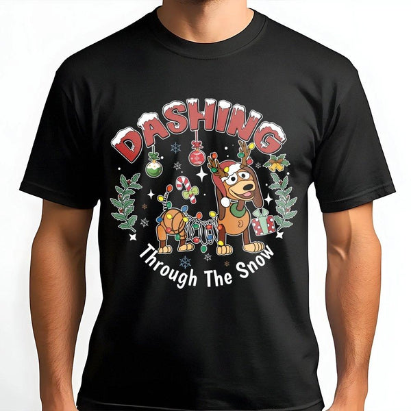 Humorous Slinky Spring Dog Holiday Tee, Dashing Through the Snow Christmas T-Shirt, Retro Movie Dog Graphic Shirt, Xmas Humor
