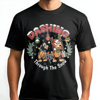 Humorous Slinky Spring Dog Holiday Tee, Dashing Through the Snow Christmas T-Shirt, Retro Movie Dog Graphic Shirt, Xmas Humor Top