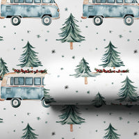 Retro Camper Van Gift Wrap, Vintage Blue Camper Wrapping Paper, Winter Pine Tree Camper Paper Roll, Christmas Travel Gift Wrapping Paper