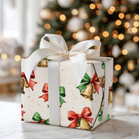 Jingle Bells Holiday Gift Wrap, Watercolor Christmas Bells Wrapping Paper, Festive Red Bow Wrapping Paper, Vintage Xmas Gift Wrapping Paper