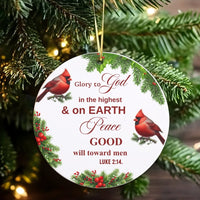 Luke 2:14 Cardinal Bird Ornament, Glory to God Christmas Ornament, Ceramic Bible Verse Keepsake, Christian Holiday Tree Decor Present