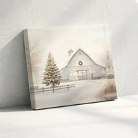 Snowy Red Barn and Christmas Tree Wall Art, Winter Farmhouse Canvas Print, Rustic Winter Holiday Canvas Decor, Comfy Xmas Season Present