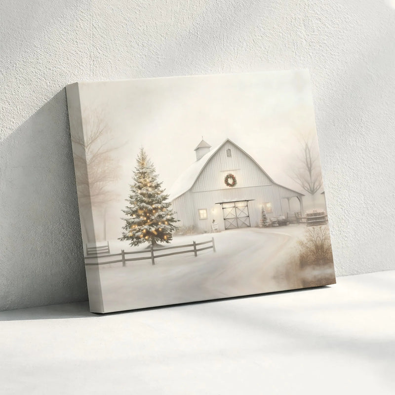 Snowy Red Barn and Christmas Tree Wall Art, Winter Farmhouse Canvas Print, Rustic Winter Holiday Canvas Decor, Comfy Xmas Season Present
