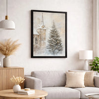 Snowy Christmas Tree Canvas Print, Winter Church Canvas Wall Art, Winter Landscape Canvas, Rustic Holiday Wall Decor, Christmas Home Present