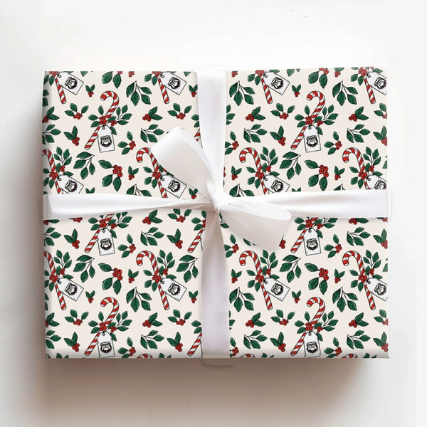 Candy Cane Holly Gift Wrap, Bulldog Mascot Christmas Wrapping Paper, Holiday Sports Fan Paper, Winter Mascot Gift Wrapping Pa