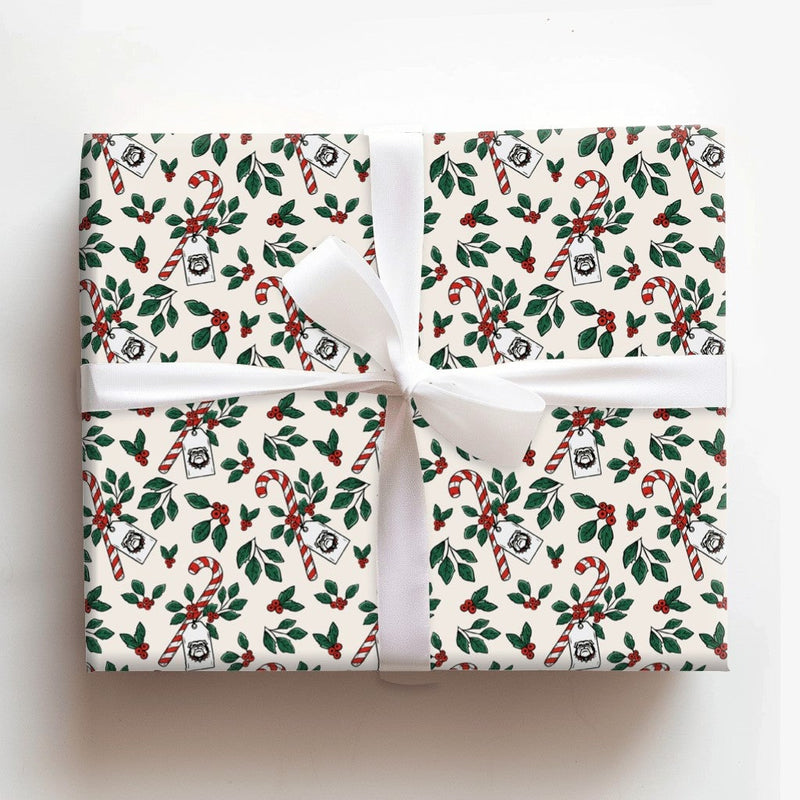 Candy Cane Holly Gift Wrap, Bulldog Mascot Christmas Wrapping Paper, Holiday Sports Fan Paper, Winter Mascot Gift Wrapping Paper Roll