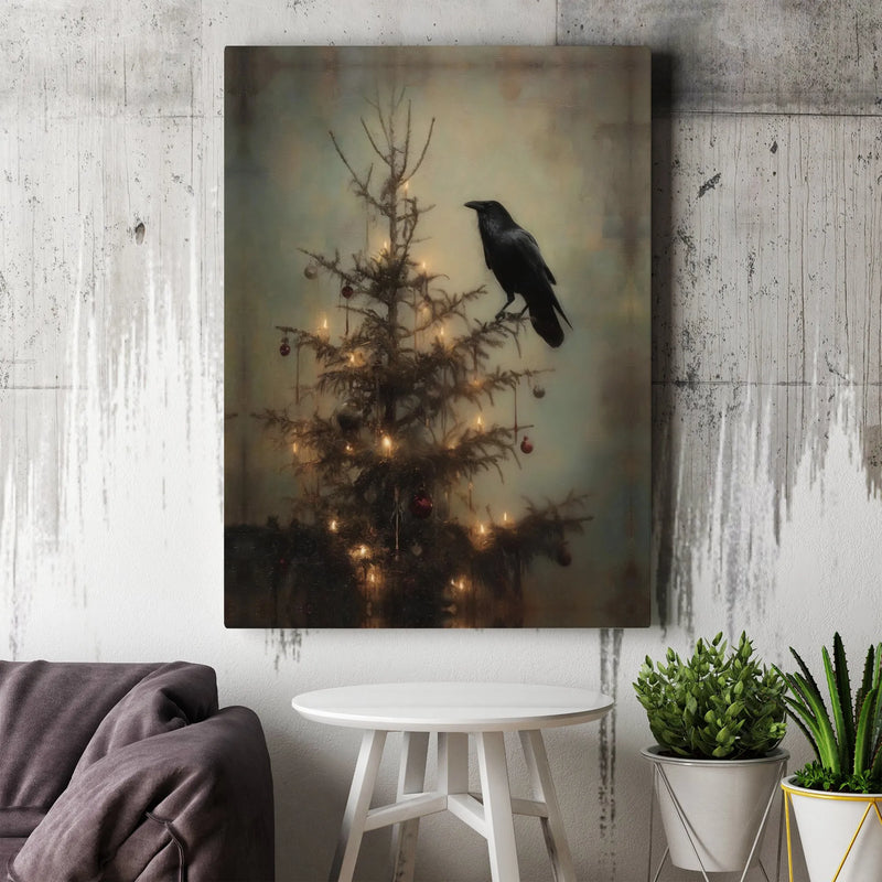 Dark Academia Moody Crow Holiday Print, Gothic Raven Christmas Tree Canvas Wall Art, Spooky Winter Wall Decor, Digital Download Gothic Present