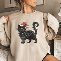 Adorable Santa Hat Kitten Crewneck, Black Cat Christmas Sweatshirt, Cat Holiday Lights Sweater, Humorous Winter Cat Lover Pullover, Xmas Present