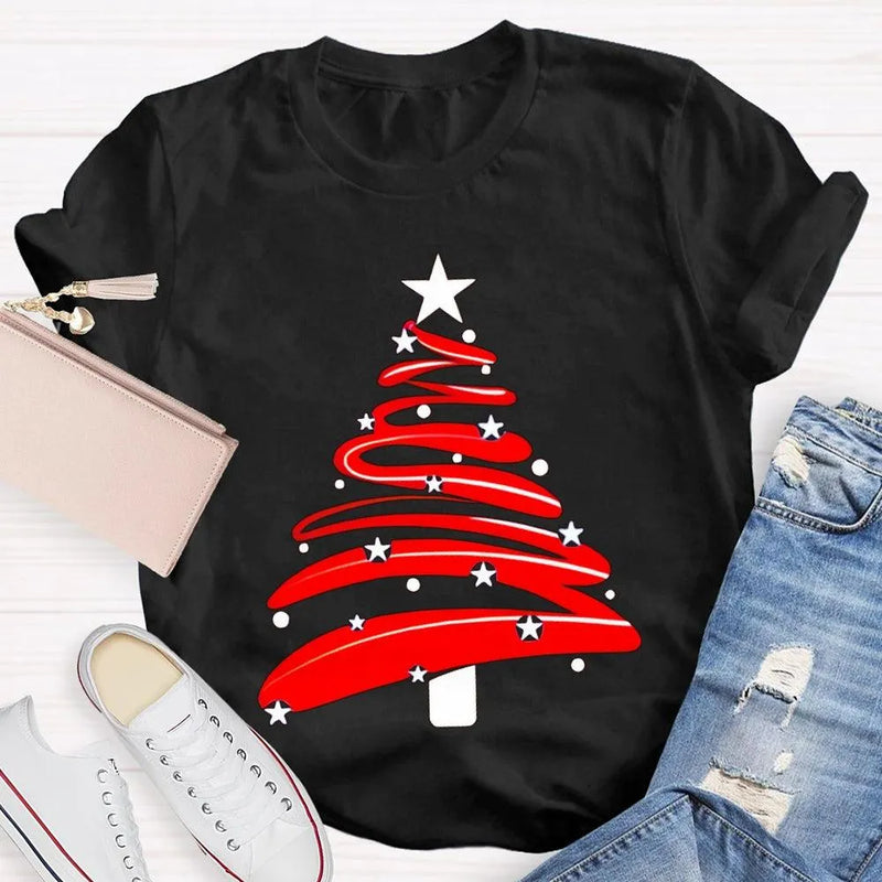Festive Holiday Season Graphic Tee, Red Christmas Tree Stars Graphic Shirt, Merry Christmas Tree T-Shirt, Winter Holiday Party Apparel